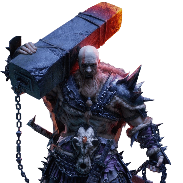 3D game character of Kratos from God of War, featuring a bald head, long beard, spiked armor, and a powerful stance.